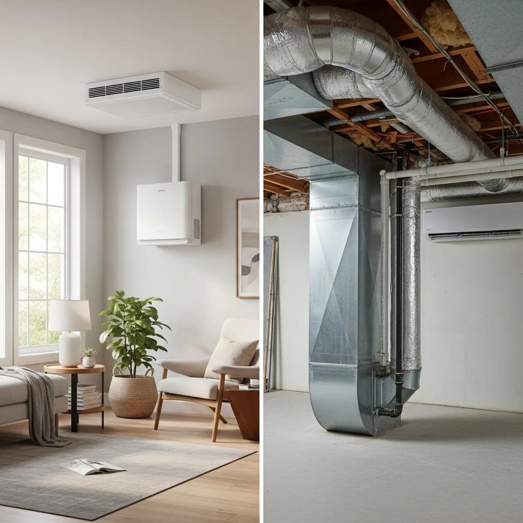 Side‑by‑side concept showing ductless mini‑split benefits compared to central air&mdash;efficiency, zoning, and design flexibility