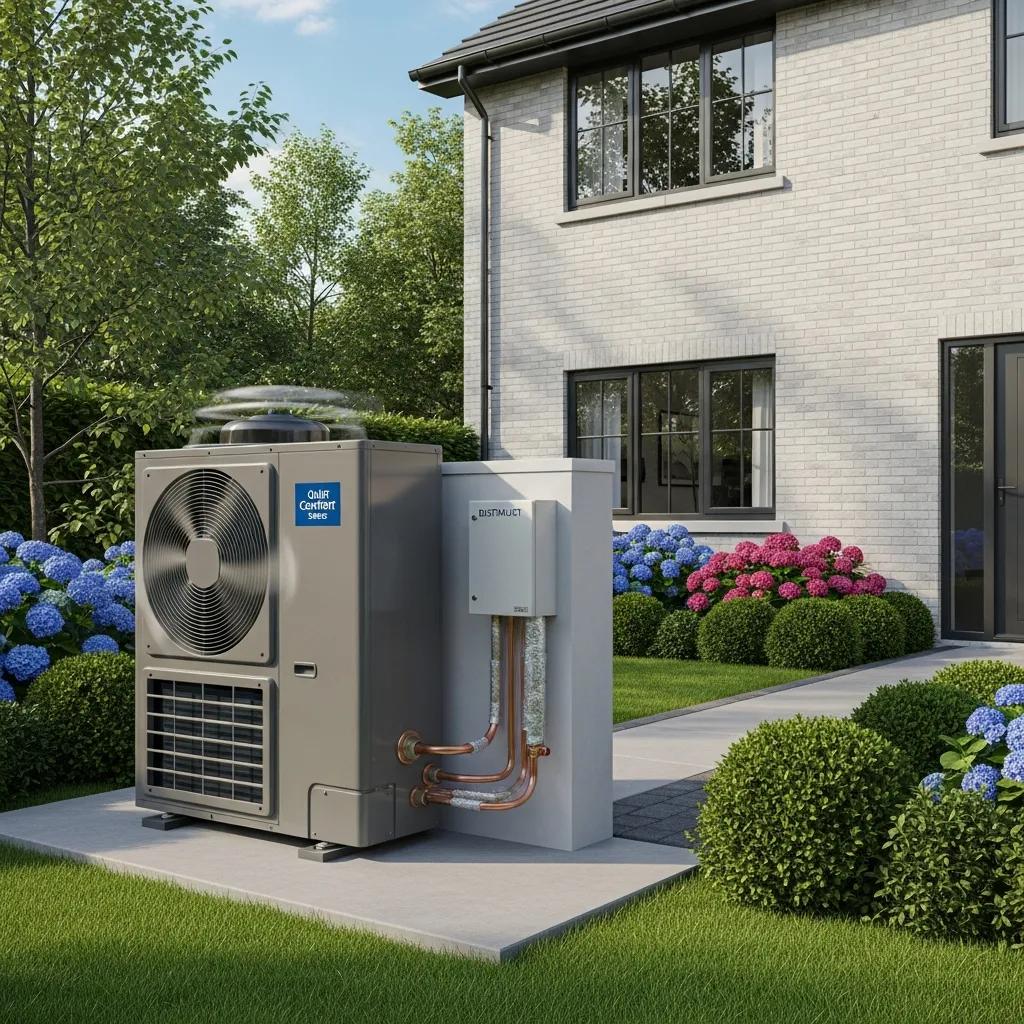 Residential outdoor air-source heat pump unit beside a home
