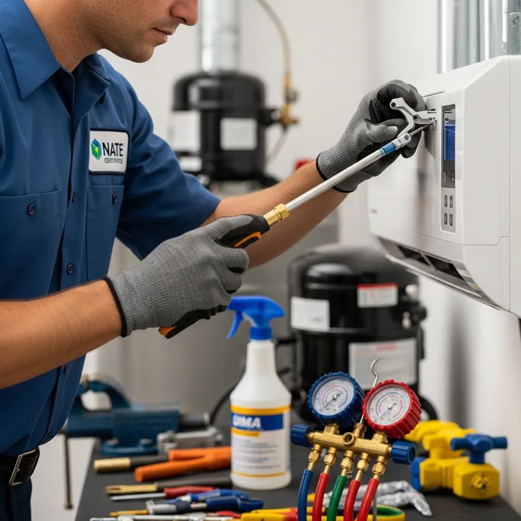 NATE-certified HVAC technician fine-tuning air conditioning controls