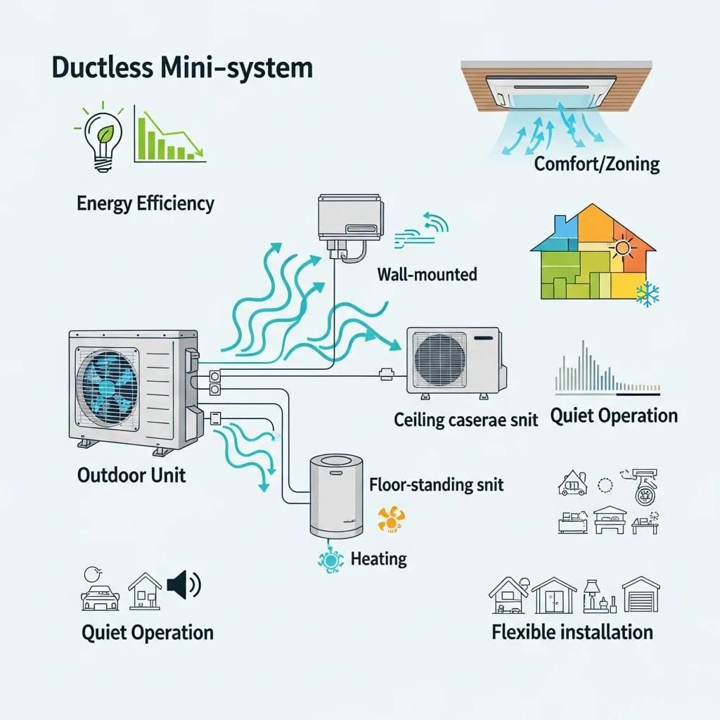 Illustration showing ductless mini‑split features like inverter compressor, indoor head options, and zoned comfort