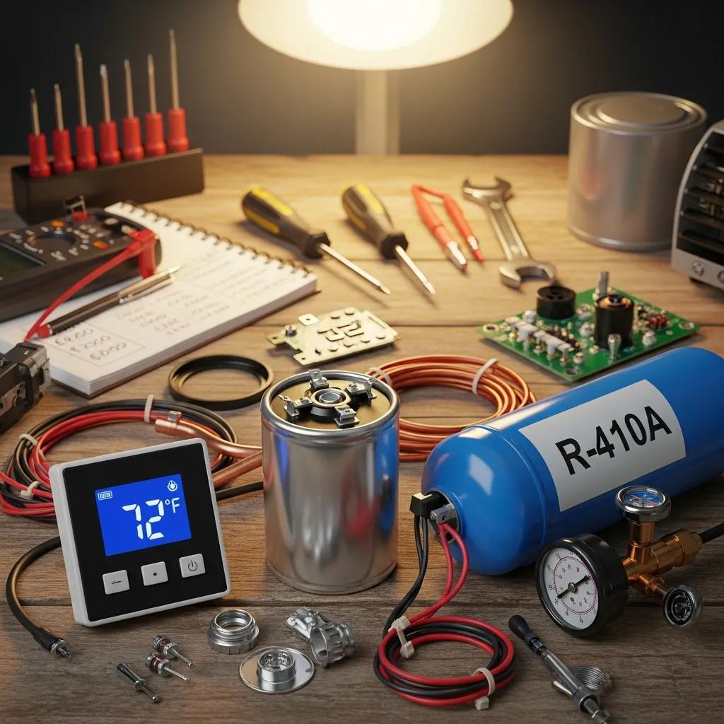 Air conditioning parts including thermostat, capacitor, and refrigerant canister, illustrating common AC repairs and their costs