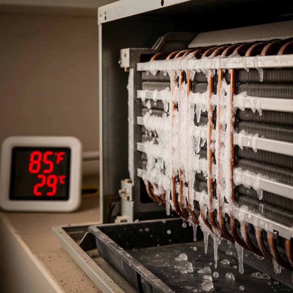 Air conditioning unit with ice buildup on coils indicating cooling issues