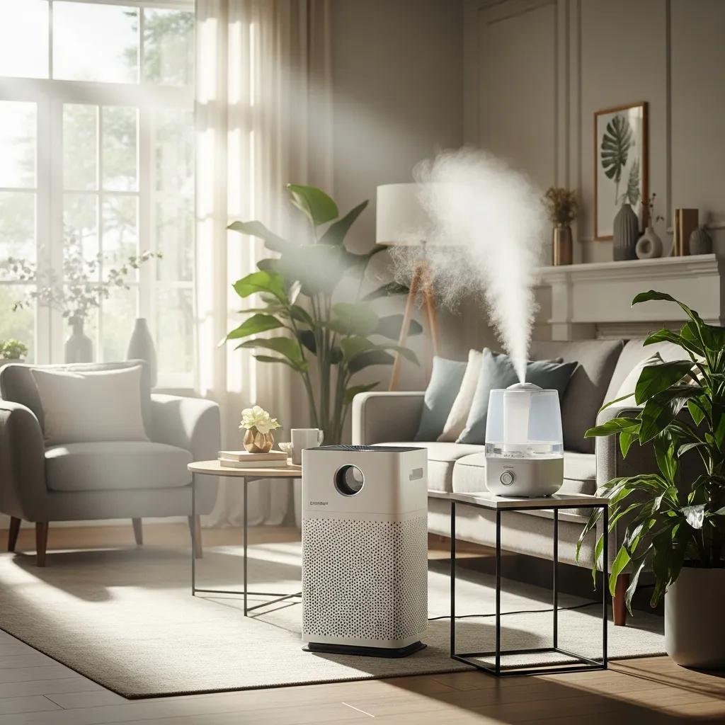 Air purifier and humidifier in a stylish living room, emphasizing the importance of indoor air quality and comfort