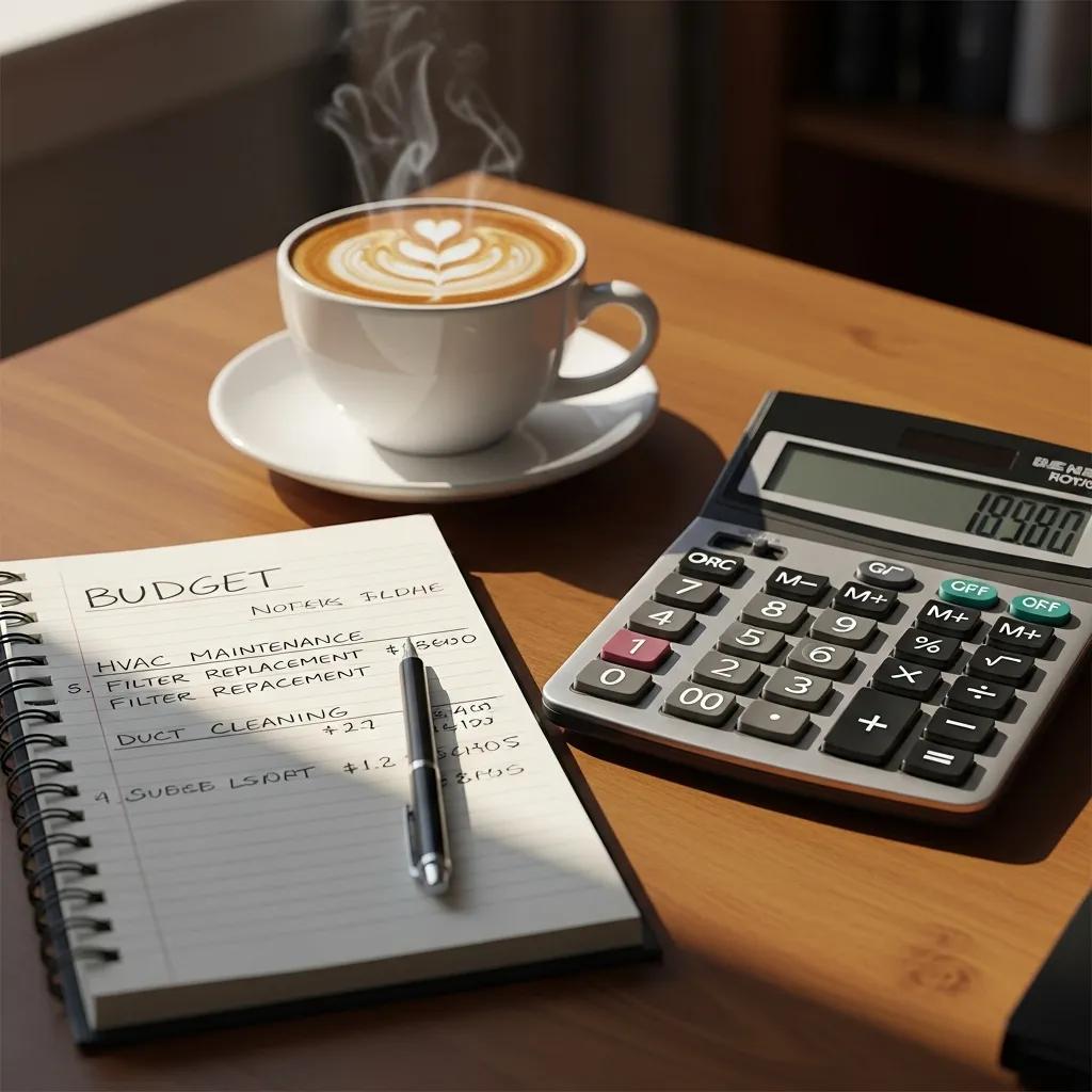 Calculator and notepad on a desk, representing budgeting for HVAC service agreements