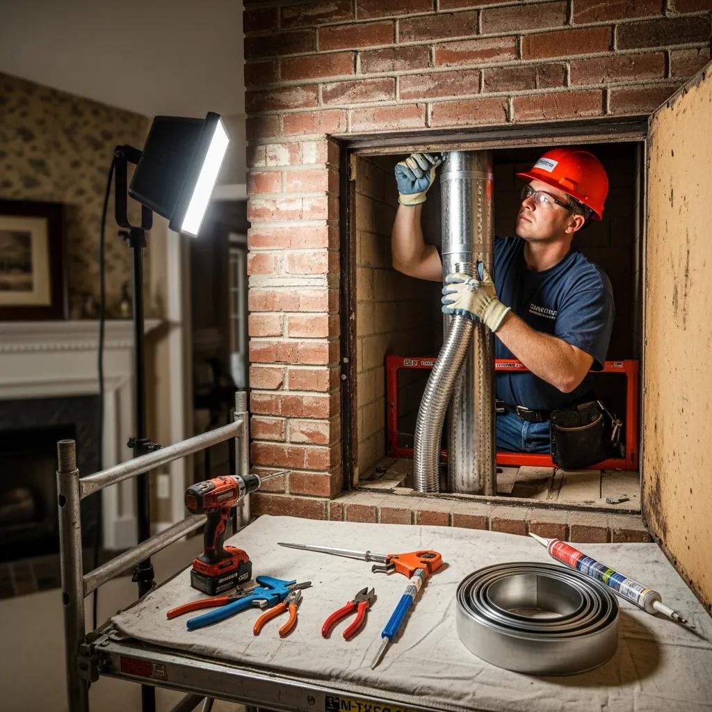 chimney technician installing a chimney liner in a residential home 4d970681 9928 40a8 aab7 5b804be0700c