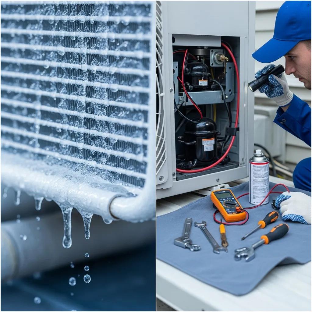 Close-up of a frozen evaporator coil and technician inspecting an air conditioning unit, representing common AC problems
