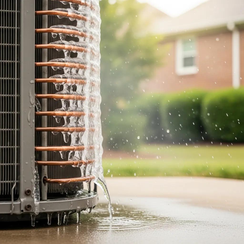 Close-up of an air conditioning unit with visible signs of malfunction, such as ice buildup