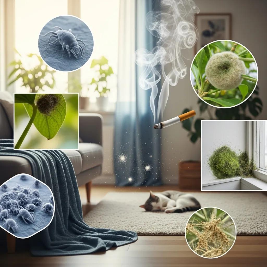 Collage of common indoor air pollutants in a home setting