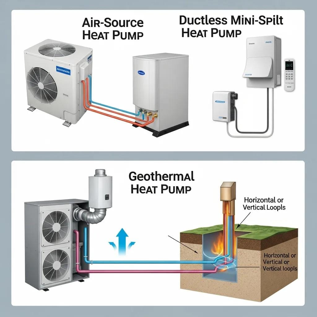 Collage of different types of heat pumps: air-source, ductless mini-split, and geothermal systems