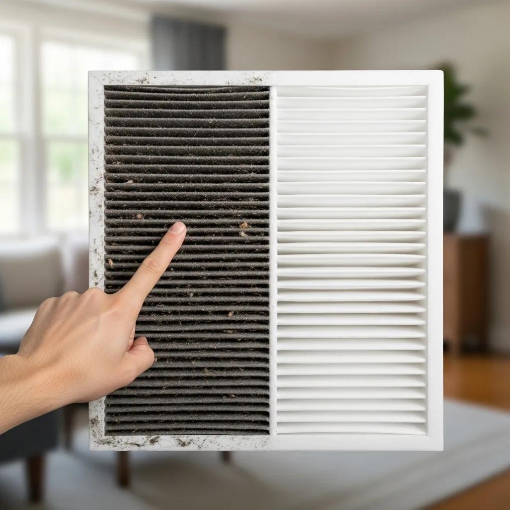 Comparison of dirty and clean HVAC air filters indicating need for change