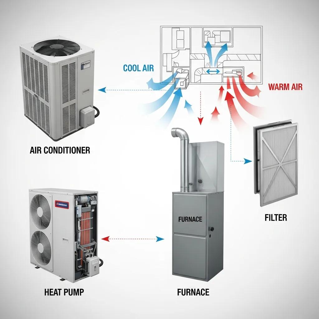 Core components of an HVAC system including air conditioners and furnaces