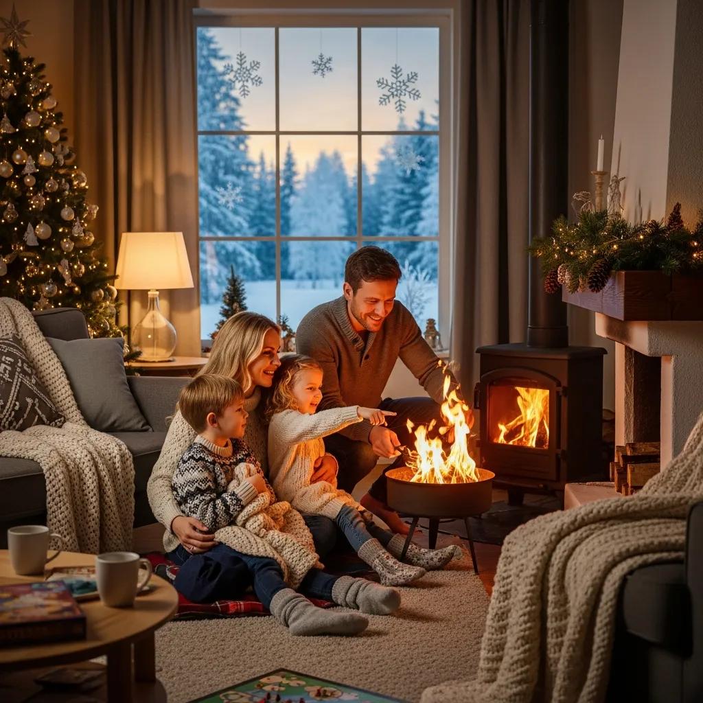 cozy family scene around a furnace in winter emphasizing warmth and comfort a9fceef1 3977 445d aedd 578796f08bb0