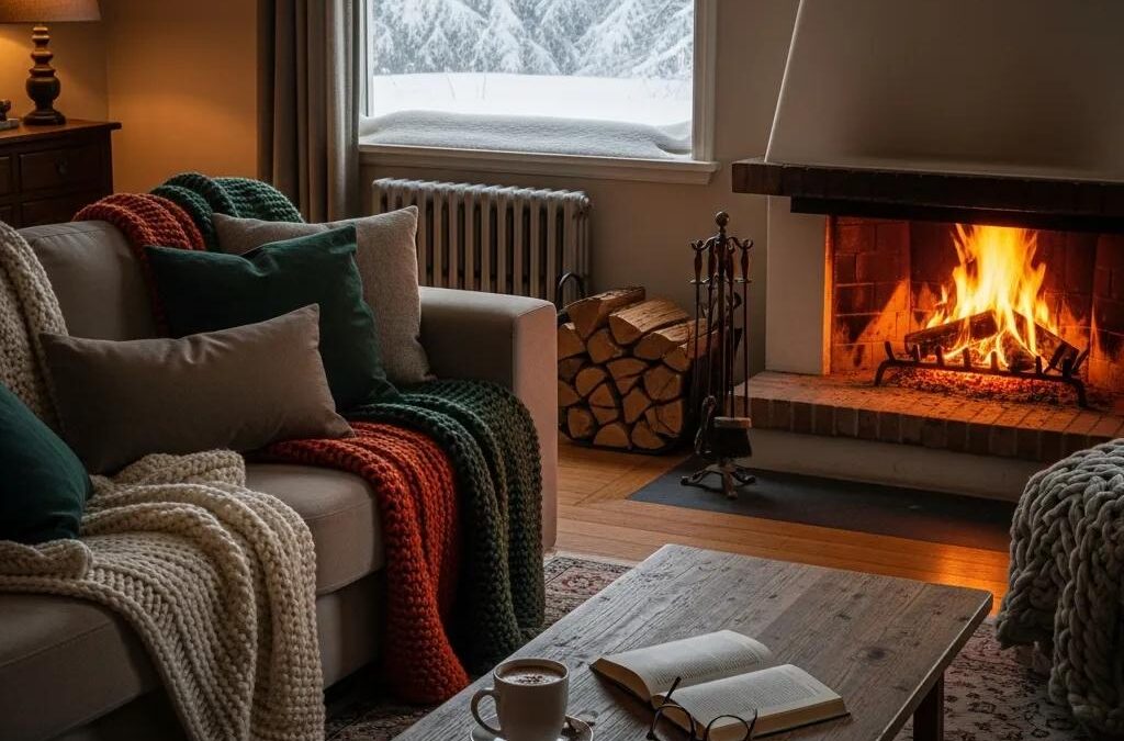 Cozy living room with a fireplace, emphasizing winter heating preparation
