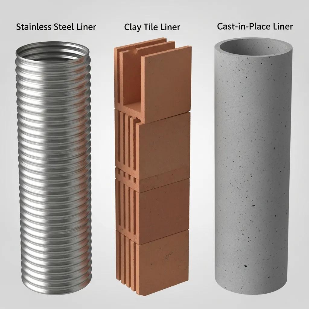 Different types of chimney liners including stainless steel, clay tile, and cast-in-place