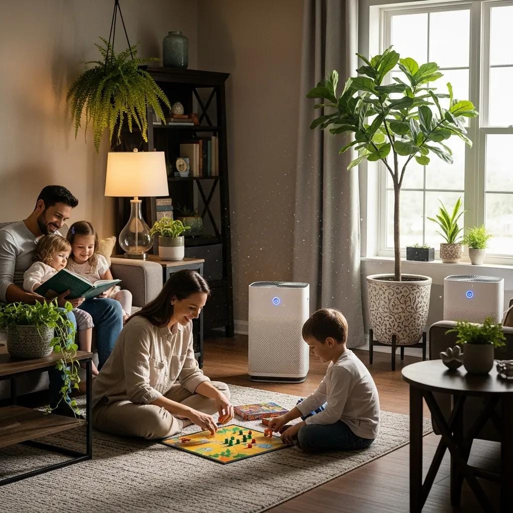 Family enjoying a comfortable living room with air purifiers and plants