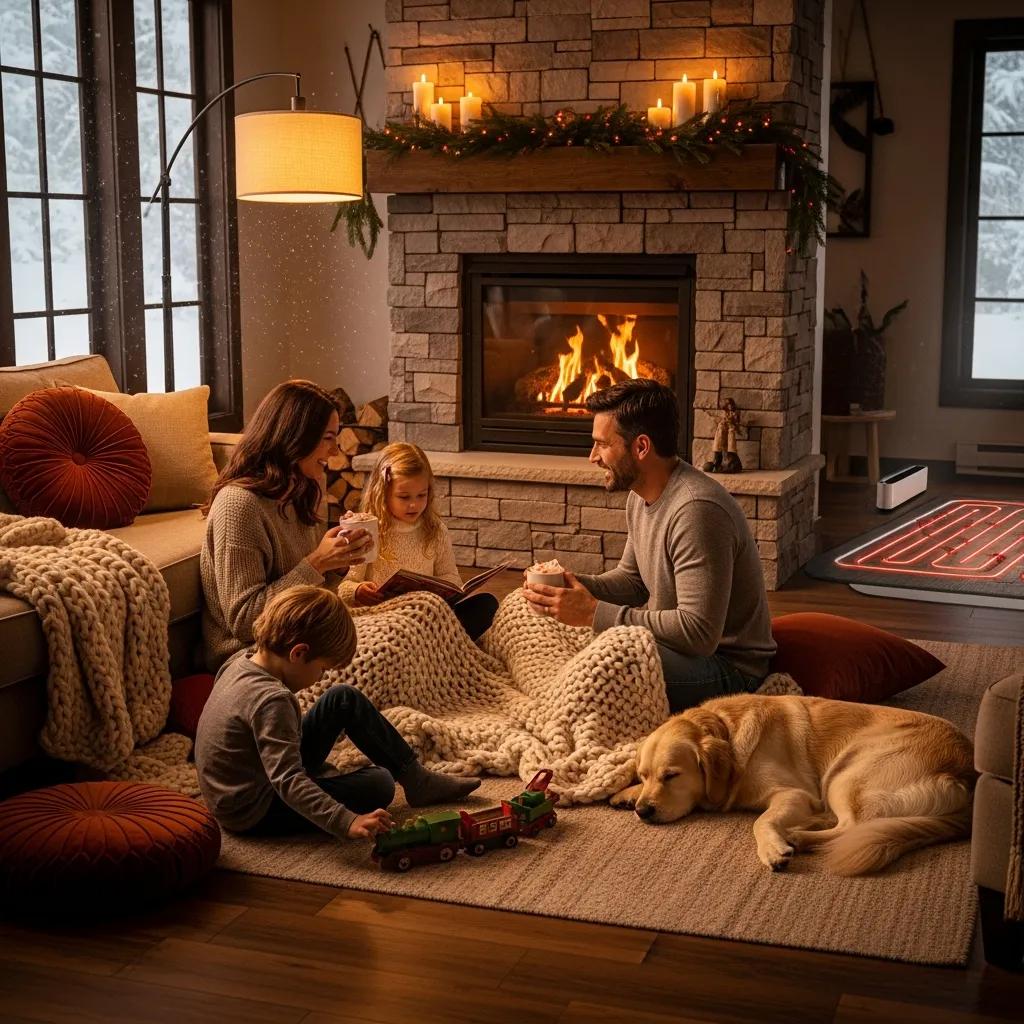 Family enjoying a warm living room during winter, highlighting the importance of heating services