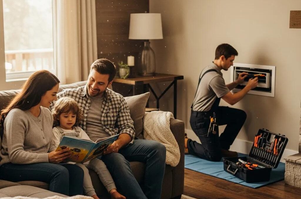 Family enjoying comfort at home while HVAC technician performs maintenance