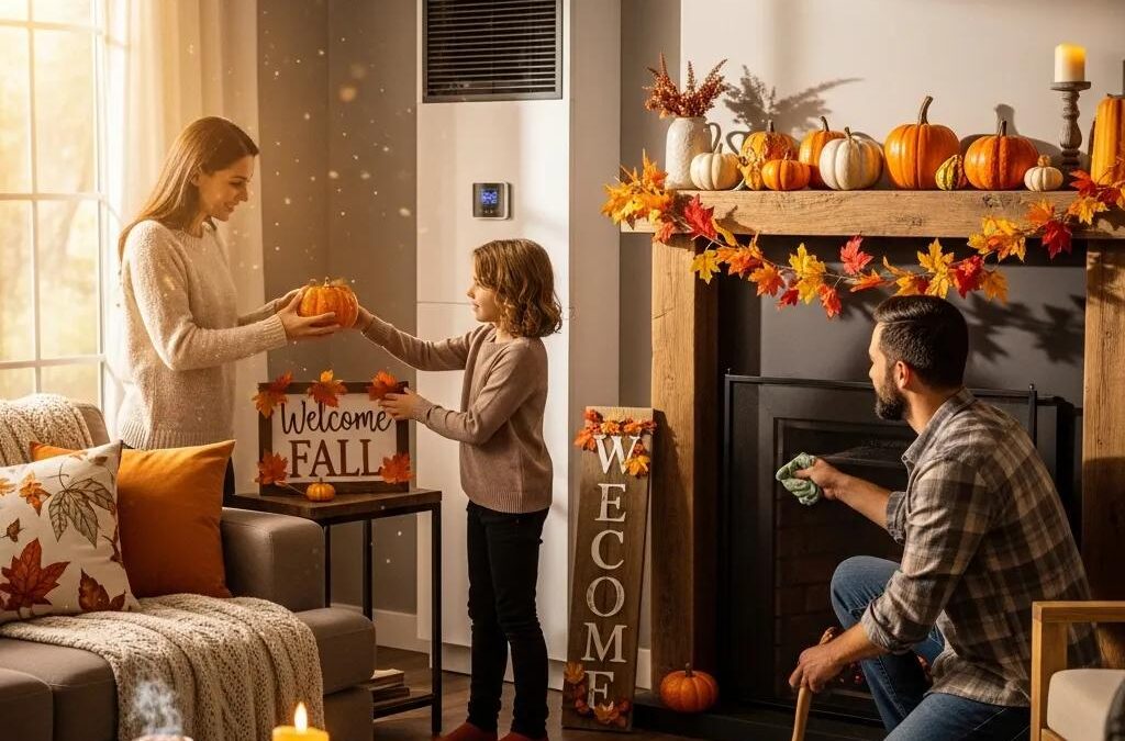 Family preparing home for fall with HVAC system in background