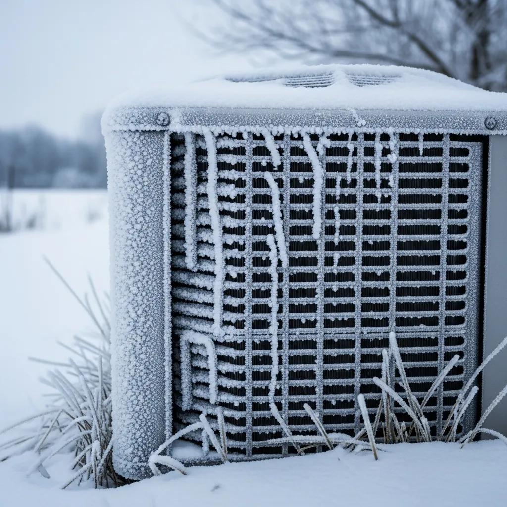 Heat pump unit with frost buildup, indicating the need for professional repair during winter