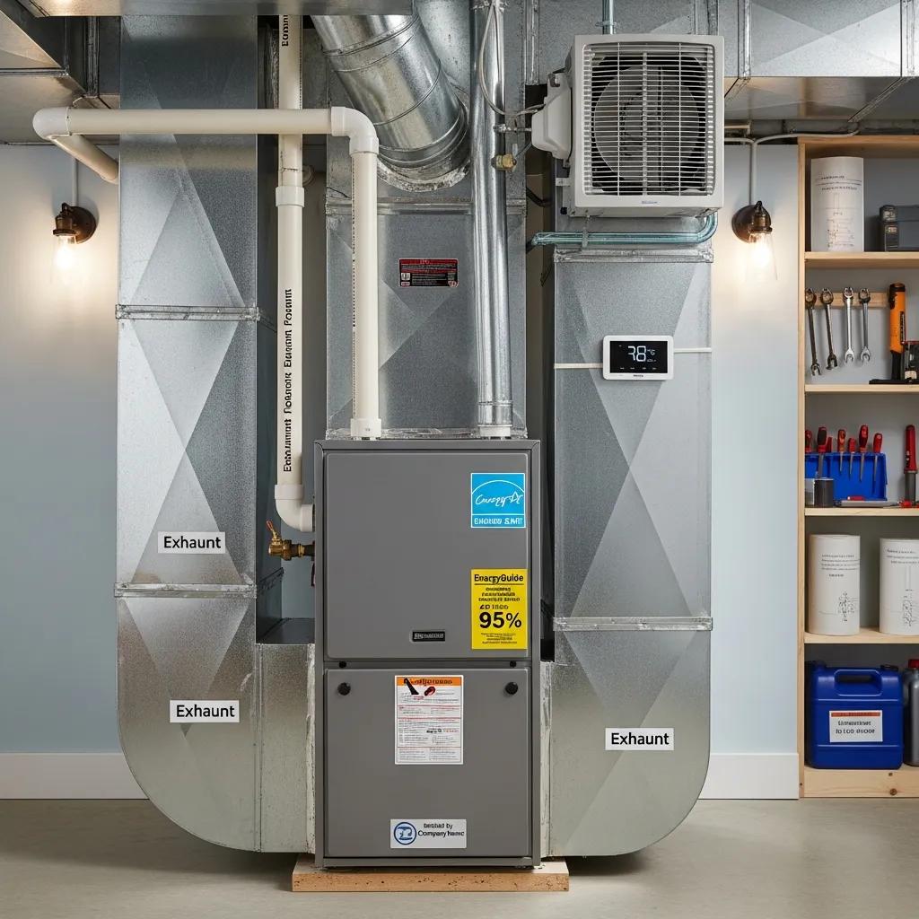High-efficiency furnace in a clean basement, emphasizing the importance of AFUE ratings for homeowners