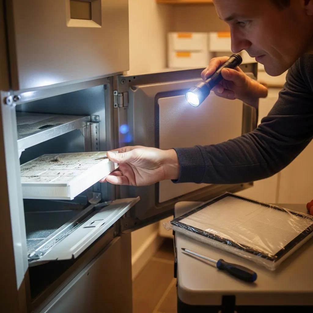 Homeowner checking air filter in a furnace, emphasizing DIY winter maintenance steps