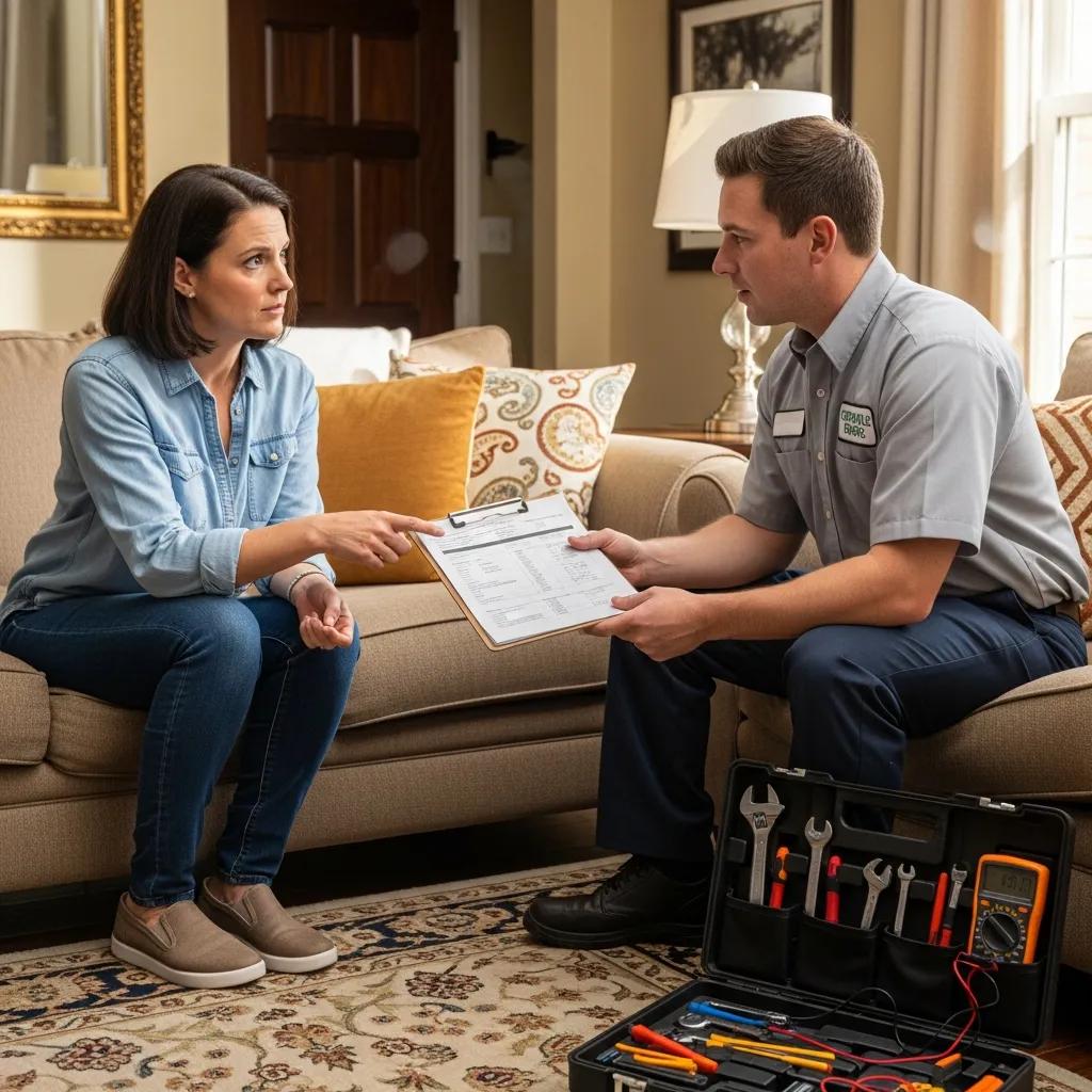 Homeowner discussing emergency AC repair costs with a technician in a living room