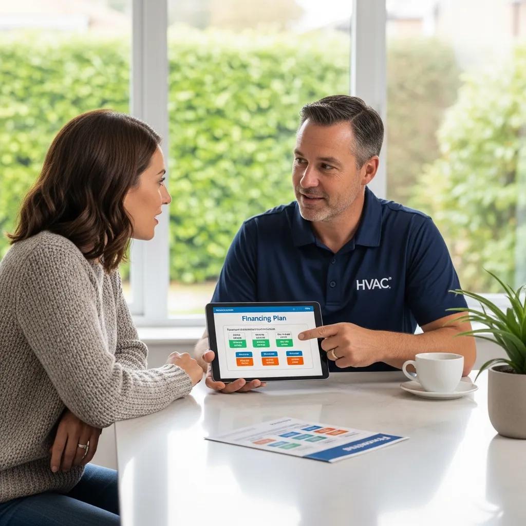 Homeowner discussing HVAC financing options with a contractor