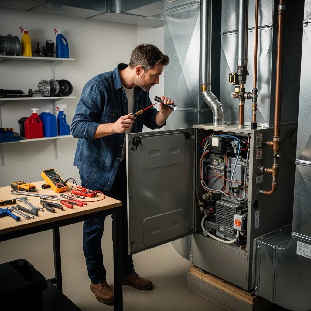 Homeowner inspecting heating system for winter preparation