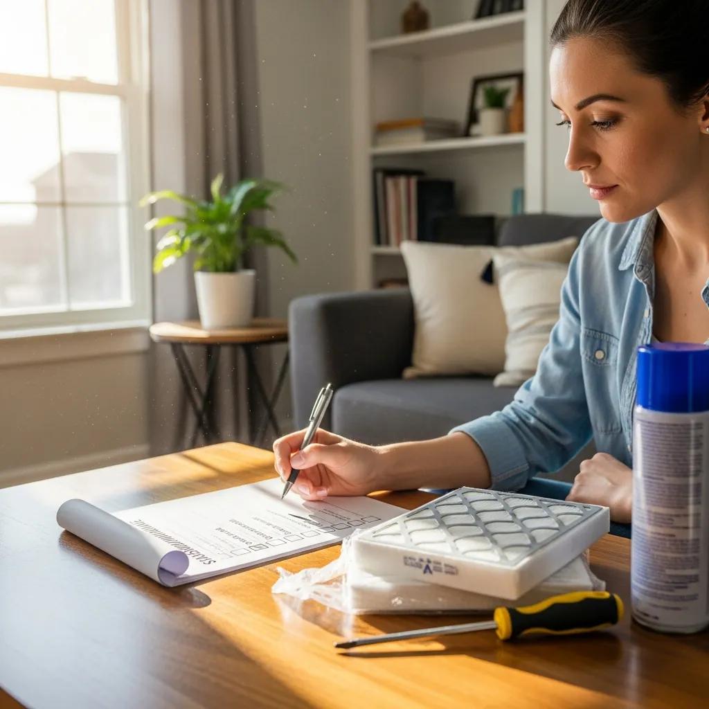Homeowner reviewing HVAC maintenance checklist in cozy living room