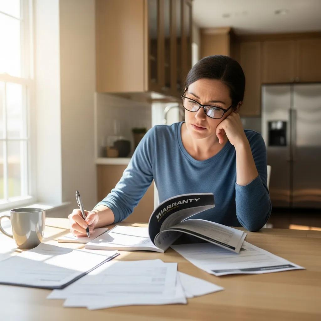 Homeowner reviewing HVAC warranty documents with concern
