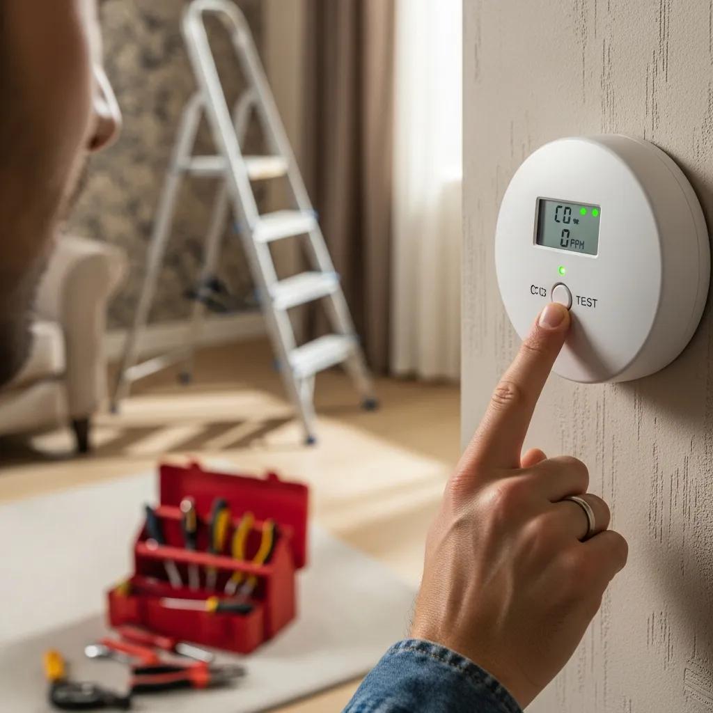 Homeowner testing a carbon monoxide detector, emphasizing safety checks for winter heating