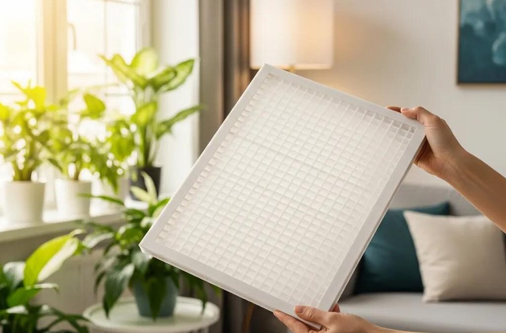 HVAC air filter held in a bright home, highlighting air quality importance