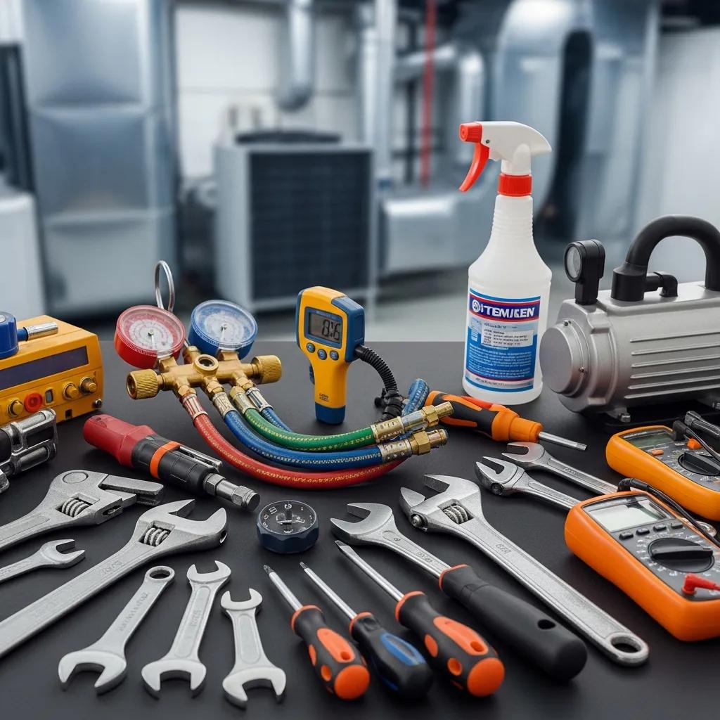 HVAC maintenance tools and equipment arranged on a workbench, symbolizing professional service