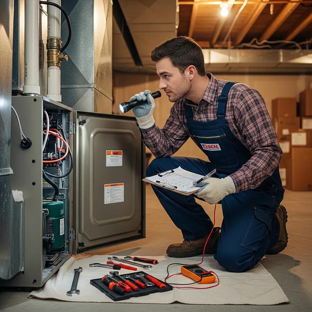 HVAC technician inspecting a furnace, showcasing the importance of professional heating system inspections