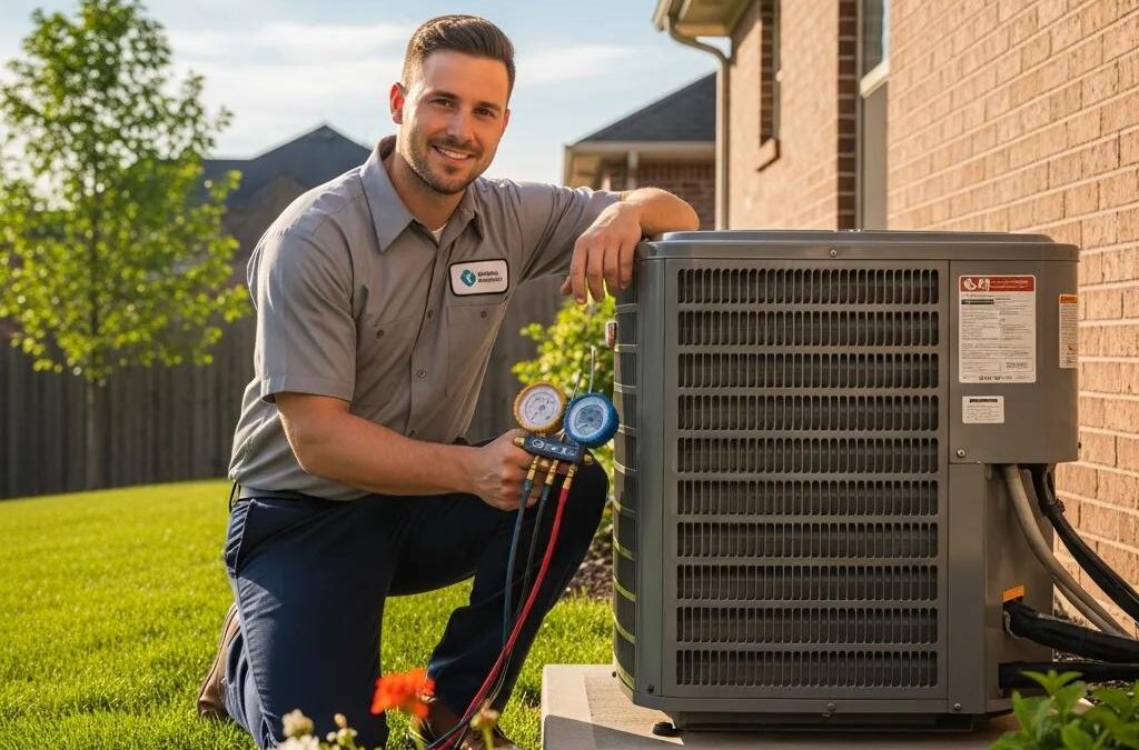 HVAC technician inspecting air conditioning unit in a residential backyard, showcasing home comfort services