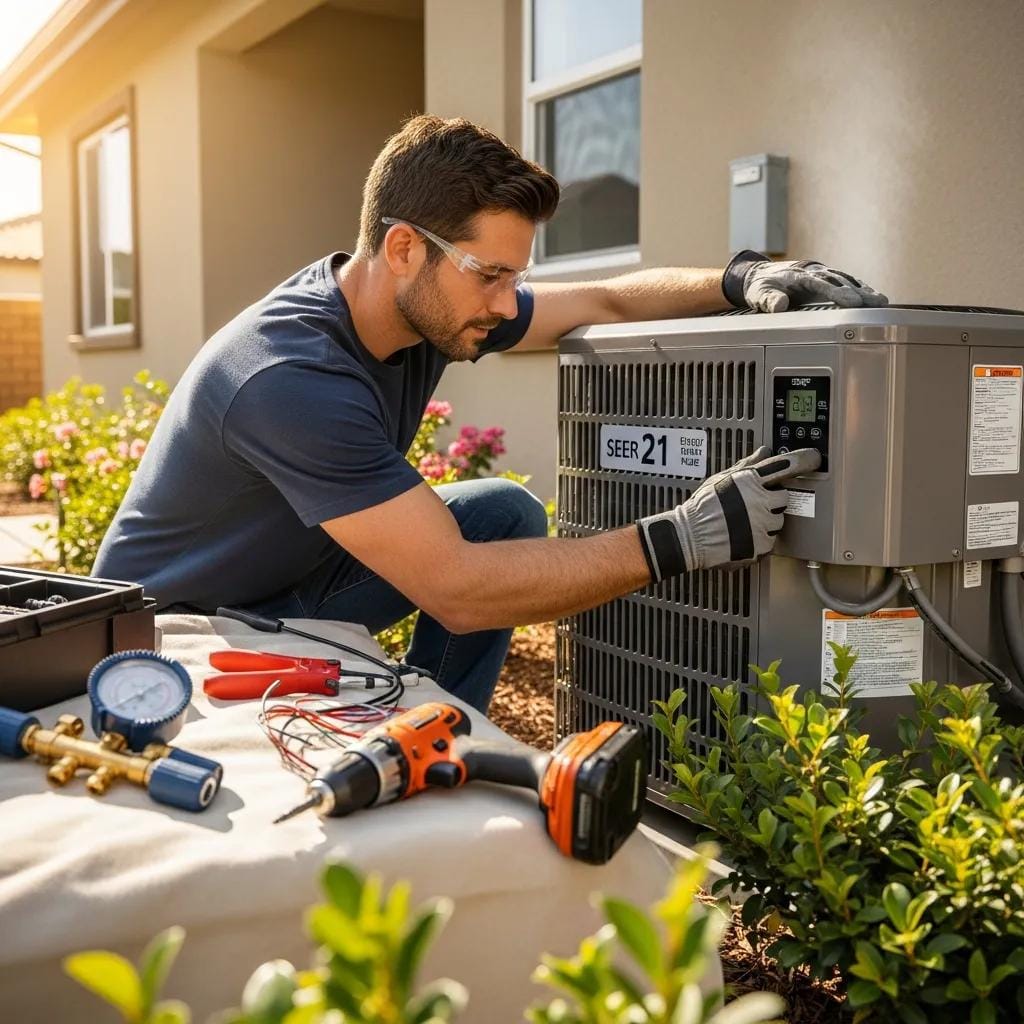 HVAC technician installing a new air conditioning unit outside a home
