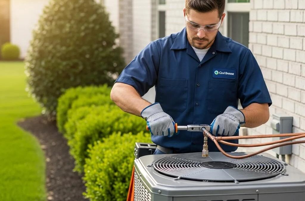 HVAC technician installing an air conditioning unit in a residential home