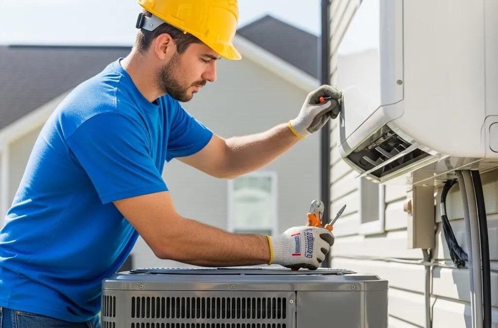 HVAC technician installing an air conditioning unit in a South Carolina home, showcasing comfort and efficiency