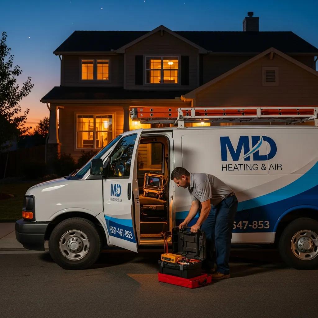 MD Heating & Air service van at a home during twilight, representing emergency HVAC services