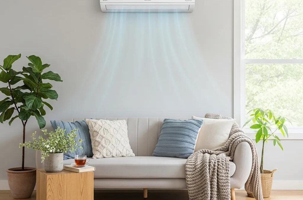 Modern air conditioning unit in a bright living room, illustrating comfort and energy efficiency