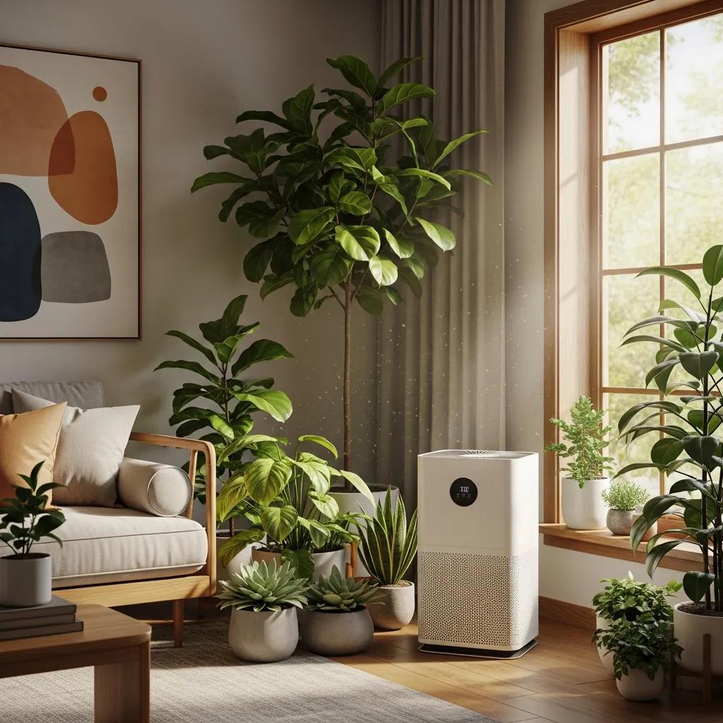 Modern air purification system in a stylish living room, emphasizing improved indoor air quality