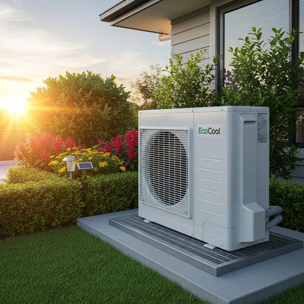 Modern high-efficiency air conditioning unit installed outside a home