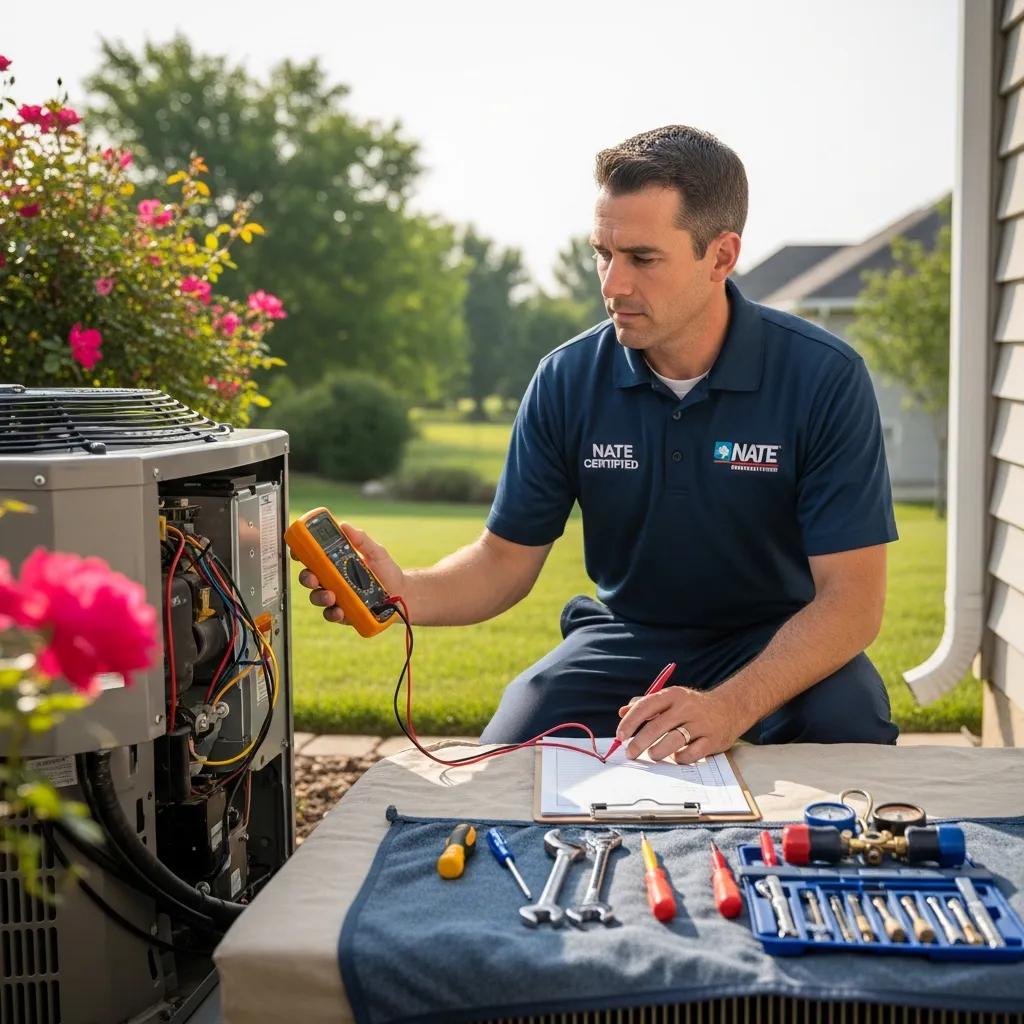 NATE‑certified technician inspecting a residential HVAC system during a service visit