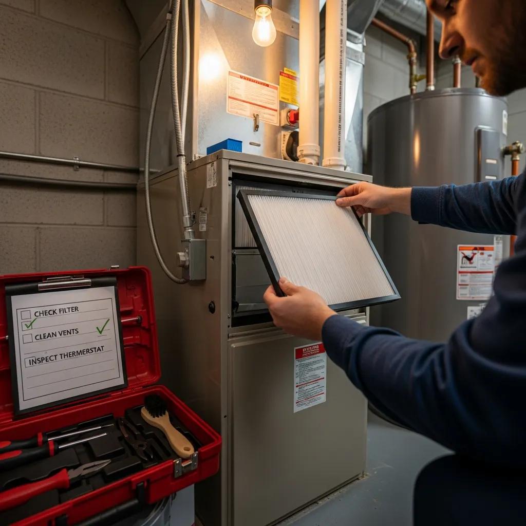 Person changing an air filter in a heating system, illustrating DIY winter heating preparation steps