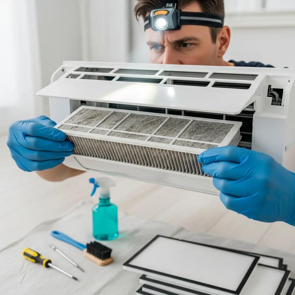 Person checking an air filter in an air conditioning unit during spring maintenance