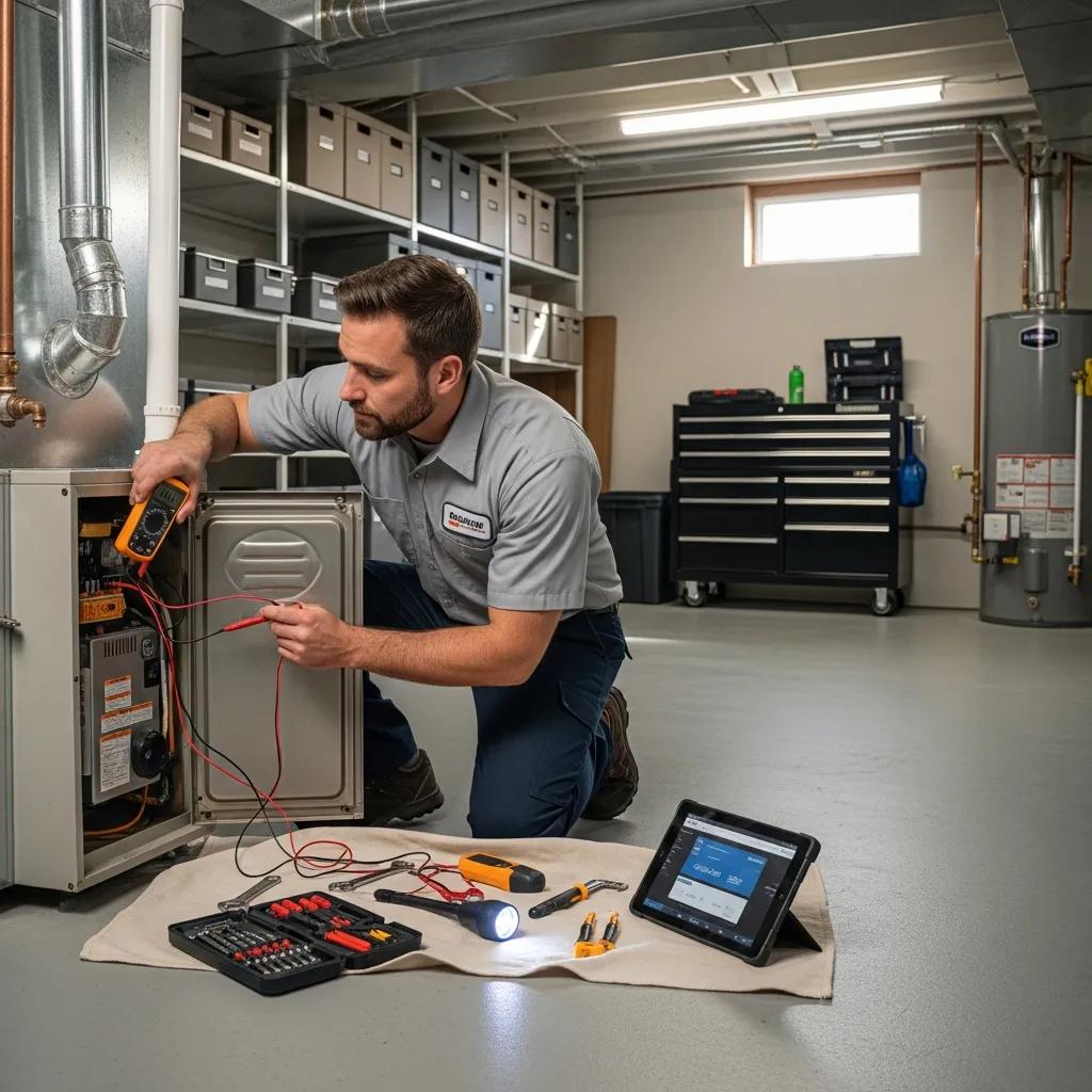 Professional HVAC technician inspecting furnace for maintenance