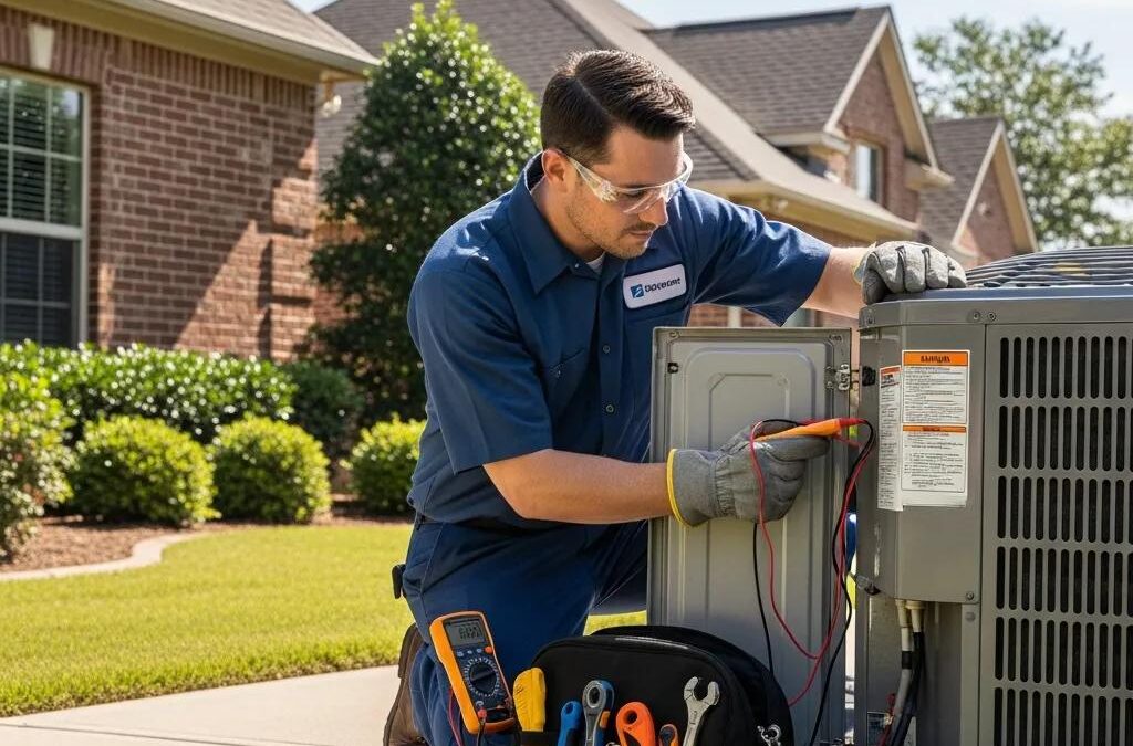 Professional HVAC technician servicing an air conditioning unit in a residential setting