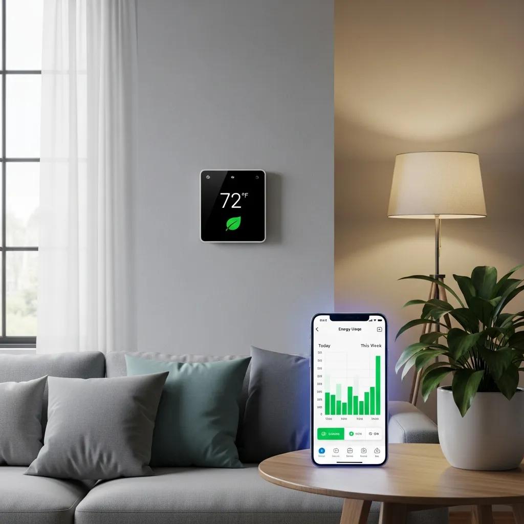 Smart thermostat and smartphone showcasing energy management in a modern home