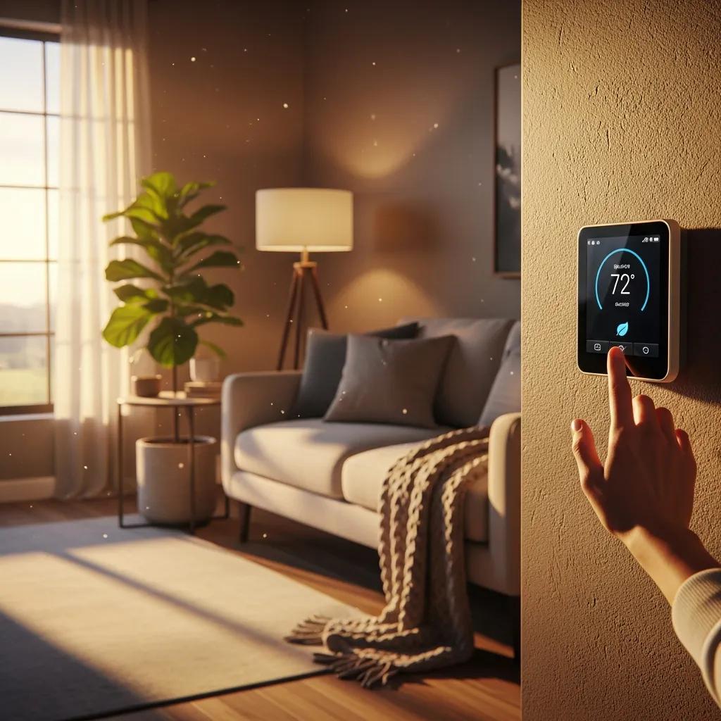 Smart thermostat in a cozy living room demonstrating energy savings
