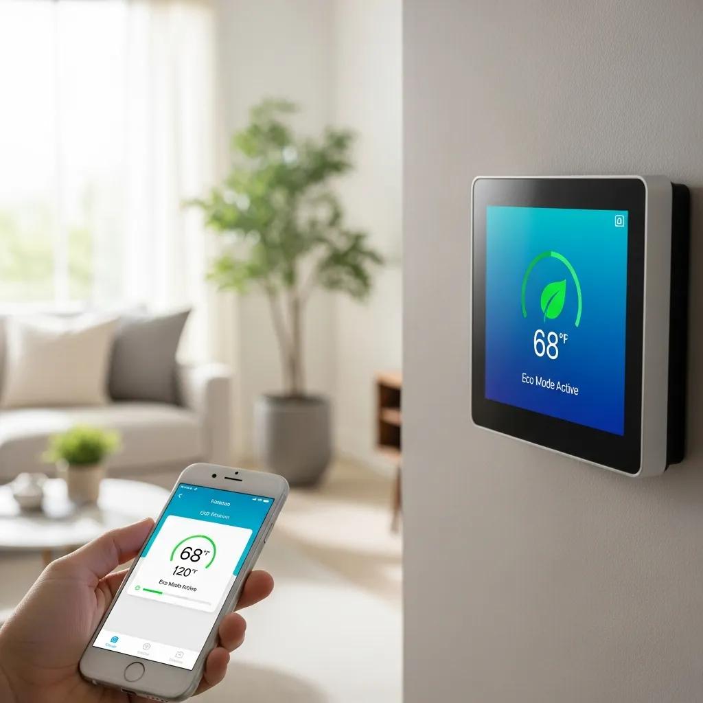 Smart thermostat in a modern home showcasing user interaction and energy-saving features